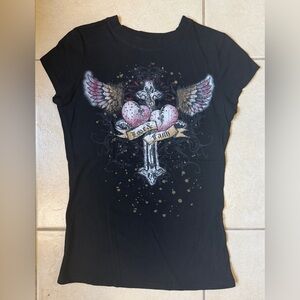 Michelle USA Women’s L Black Heart Cross Print Y2K Vtg Tee